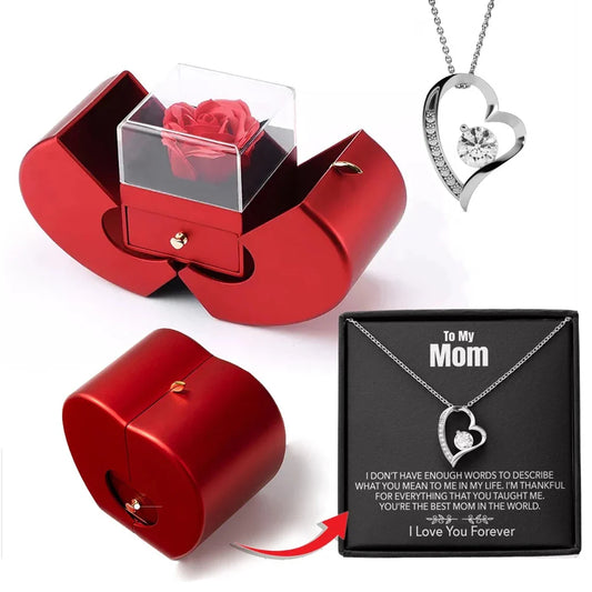 Agradecimiento a mamá - Collar con forma de corazón - Con rosa preservada y tarjeta para notas